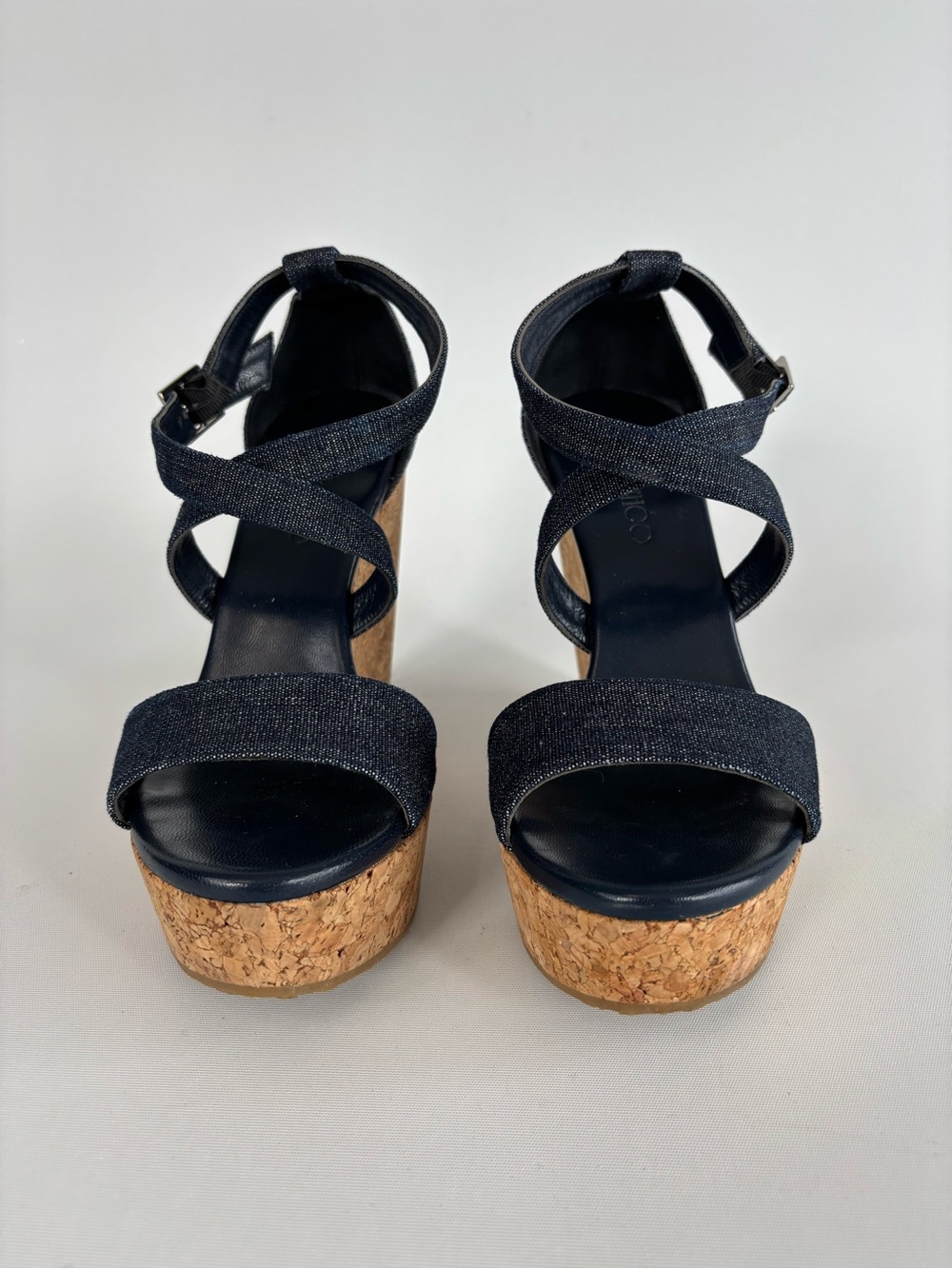 Jimmy Choo Denim Cork Wedge Platform Sandals Navy Blue Silver Buckle